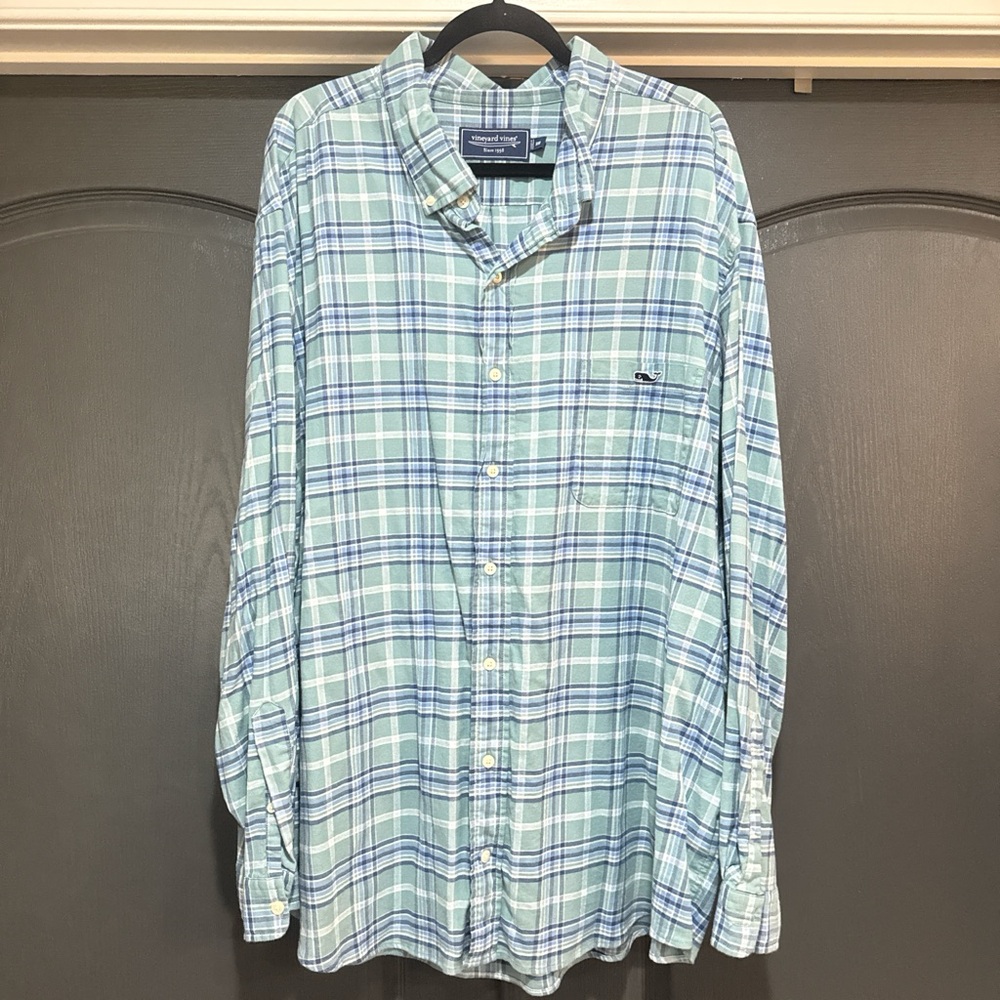 Vineyard Vines 3XB Blue and green plaid button-up shirt #plaidshirt